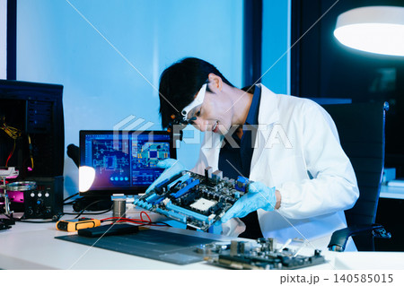 Technician inspecting computer motherboard with magnifying glass in a high-tech electronics lab, focusing on hardware diagnostics, cybersecurity system Technician inspecting computer motherboard with magnifying glass in a high-tech electronics lab, focusing on hardware diagnostics, cybersecurity system 140585015