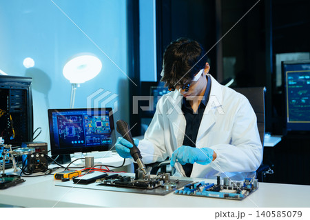 Professional engineer repairing PCB circuit in a modern lab, showcasing electronics, technology, innovation, testing, and advanced Professional engineer repairing PCB circuit in a modern lab, showcasing electronics, technology, innovation, testing, and advanced 140585079