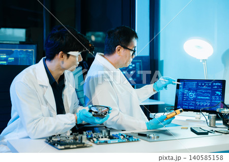 Engineers examining hard drive and motherboard in a technology lab, focusing on data storage, cybersecurity, diagnostics, and computer hardware repair Engineers examining hard drive and motherboard in a technology lab, focusing on data storage, cybersecurity, diagnostics, and computer hardware repair 140585158