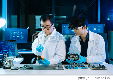 Engineers examining hard drive and motherboard in a technology lab, focusing on data storage, cybersecurity, diagnostics, and computer hardware repair Engineers examining hard drive and motherboard in a technology lab, focusing on data storage, cybersecurity, diagnostics, and computer hardware repair 140585159
