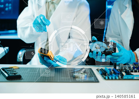 Engineers analyzing hard drive and computer hardware with cybersecurity interface, data protection, storage technology, diagnostics, and digital system Engineers analyzing hard drive and computer hardware with cybersecurity interface, data protection, storage technology, diagnostics, and digital system 140585161