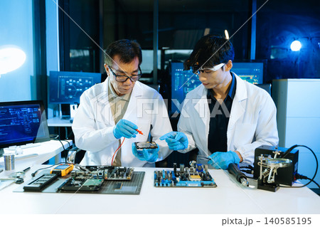 Engineers analyzing computer hardware and motherboard in a modern technology laboratory. Electronics testing, diagnostics Engineers analyzing computer hardware and motherboard in a modern technology laboratory. Electronics testing, diagnostics 140585195