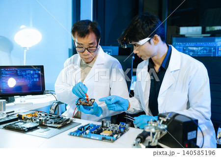 Technicians repairing hard drive and computer hardware in technology lab, focusing on data recovery, diagnostics, and electronic maintenance 140585196