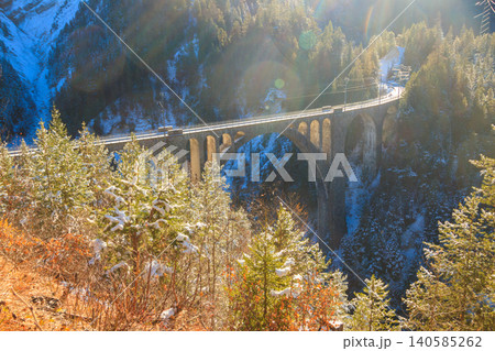 View of Wiesen Viaduct, Rhaetian railway, Graubunden in Switzerland at winter View of Wiesen Viaduct, Rhaetian railway, Graubunden in Switzerland at winter 140585262