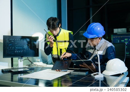 Asian engineer team analyzing industrial solar energy systems and clean power solutions Asian engineer team analyzing industrial solar energy systems and clean power solutions 140585302