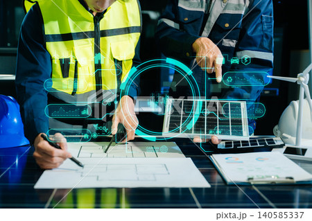 Engineers analyzing solar panels with digital energy data, smart grid technology, renewable power systems, sustainability strategy Engineers analyzing solar panels with digital energy data, smart grid technology, renewable power systems, sustainability strategy 140585337