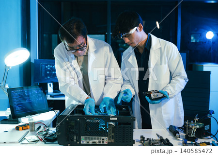 Engineers repairing computer hardware and hard drive in a technology lab. Concept of data storage, cybersecurity, digital infrastructure, electronics maintenance Engineers repairing computer hardware and hard drive in a technology lab. Concept of data storage, cybersecurity, digital infrastructure, electronics maintenance 140585472