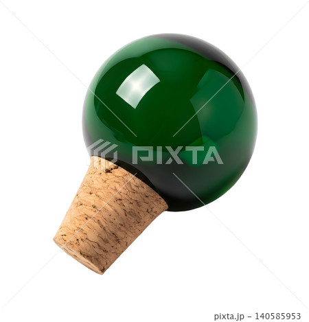 Green glass sphere with cork stopper on black background. Green glass sphere with cork stopper on black background. 140585953