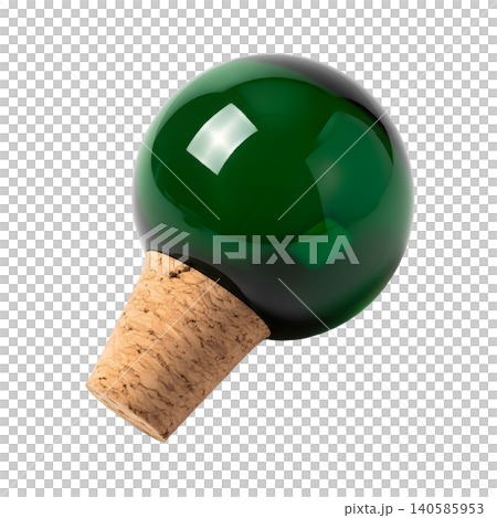 Green glass sphere with cork stopper on black background. Green glass sphere with cork stopper on black background. 140585953