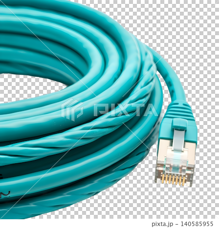 Turquoise ethernet cable coiled on a white background, network technology Turquoise ethernet cable coiled on a white background, network technology 140585955