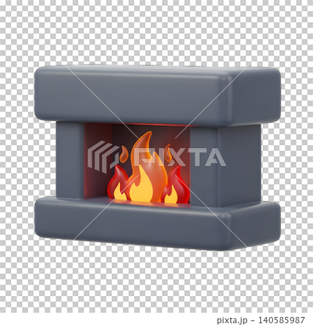 3D cartoon fireplace with roaring fire on black background 3D cartoon fireplace with roaring fire on black background 140585987