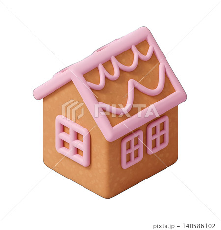 Isometric gingerbread house with pink frosting isolated on black background. 140586102