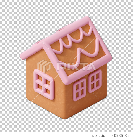 Isometric gingerbread house with pink frosting isolated on black background. 140586102