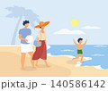 Family Beach Vacation Scene with Parents and Child Playing by the Sea. Stock Illustration 140586142
