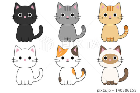 正面を向いて座っている6種類のかわいい猫のイラストセット 正面を向いて座っている6種類のかわいい猫のイラストセット 140586155