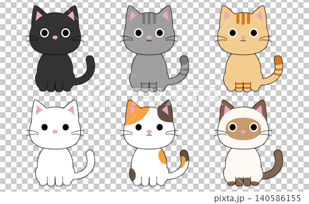 正面を向いて座っている6種類のかわいい猫のイラストセット 正面を向いて座っている6種類のかわいい猫のイラストセット 140586155