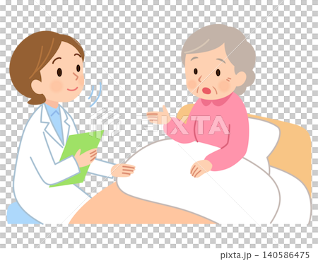 ベッドに座る高齢女性の話を聞く医者 訪問看護 ベッドに座る高齢女性の話を聞く医者 訪問看護 140586475
