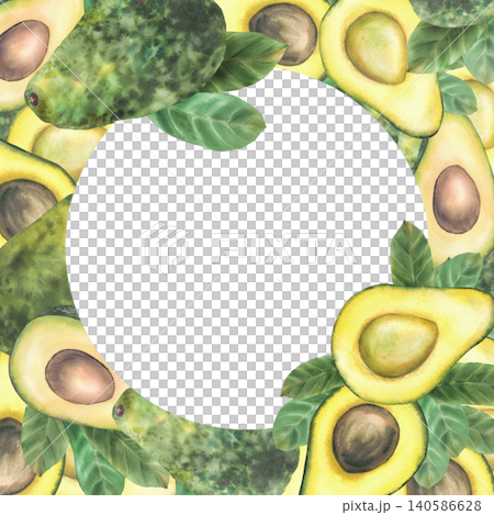 Whole and sliced avocados with green leaves round frame with empty center. Hand painted watercolor illustration isolated from background for healthy food label branding, organic, vegan recipes, menu. Whole and sliced avocados with green leaves round frame with empty center. Hand painted watercolor illustration isolated from background for healthy food label branding, organic, vegan recipes, menu. 140586628
