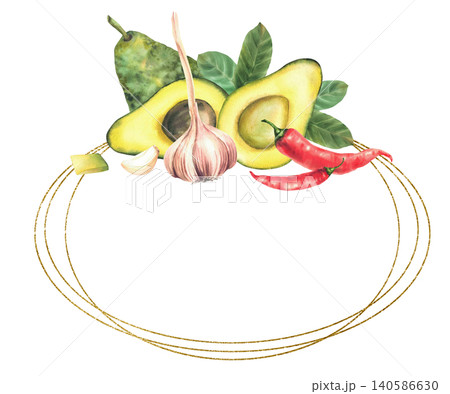 Watercolor avocado whole and cut fruit, garlic bulb, clove and red chili peppers an golden circular frame. Healthy food, Guacamole ingredients label oval template. Hand drawn isolated illustration. 140586630