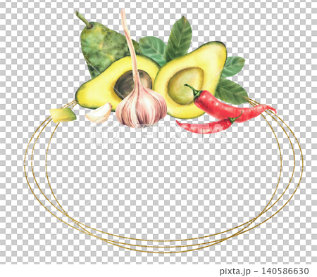Watercolor avocado whole and cut fruit, garlic bulb, clove and red chili peppers an golden circular frame. Healthy food, Guacamole ingredients label oval template. Hand drawn isolated illustration. 140586630