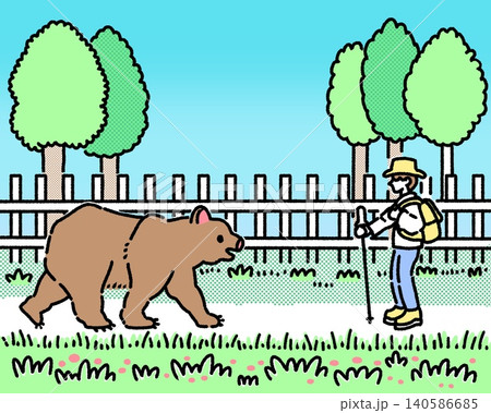 林の道で熊と遭遇した男性のカラーイラスト 林の道で熊と遭遇した男性のカラーイラスト 140586685