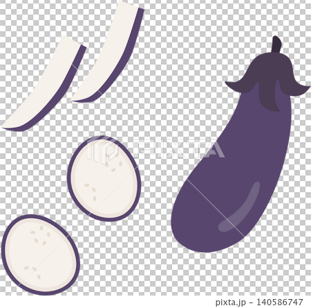 A set of simple eggplant illustrations (whole, sliced lengthwise, and sliced). 140586747