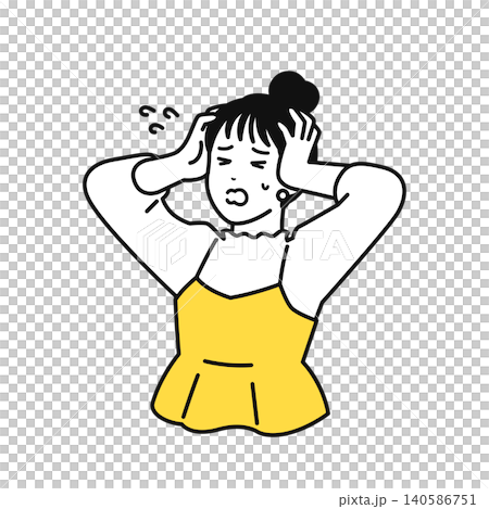 A young woman with her hair tied up is holding her head in her hands in panic. 140586751