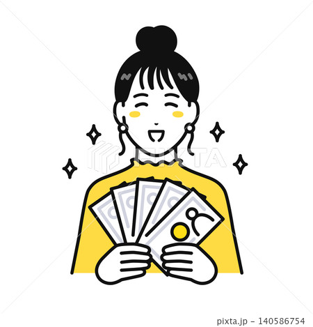 笑顔で5万円を持つまとめ髪の若い女性 笑顔で5万円を持つまとめ髪の若い女性 140586754