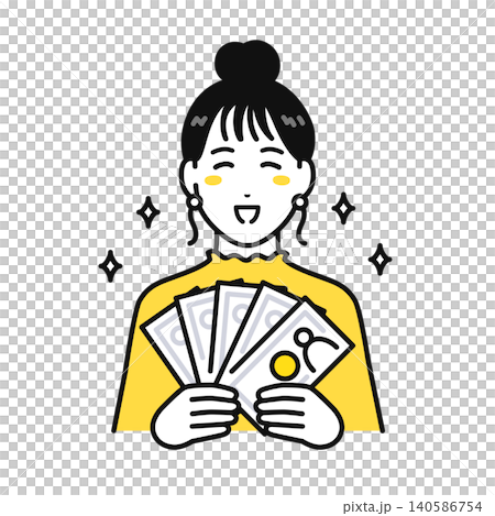 笑顔で5万円を持つまとめ髪の若い女性 笑顔で5万円を持つまとめ髪の若い女性 140586754