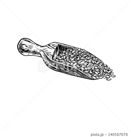 Seeds in a wooden scoop. Black and white, graphic, vector, and hand-drawn illustrations. Element of label and packaging design, as well as banners, posters, and more 140587078