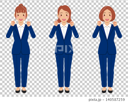 [Full body] A young woman in a dress shirt and navy pantsuit making a victory pose. 140587259