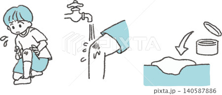 擦り傷の応急処置（水洗い・ワセリン保護）をする男の子のイラスト（湿潤療法・怪我のケア） 140587886