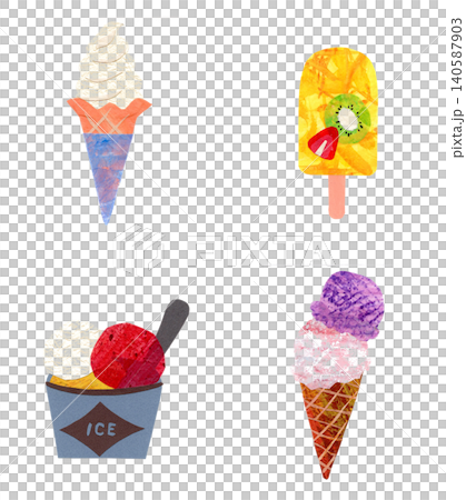 Collage-style handwritten ice cream set (soft serve ice cream, popsicle, cup ice cream, cone) 140587903