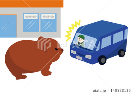 道路を走行中に野生のクマに遭遇する車の運転手のイラスト(熊の飛び出し・ロードキル注意) 道路を走行中に野生のクマに遭遇する車の運転手のイラスト(熊の飛び出し・ロードキル注意) 140588139