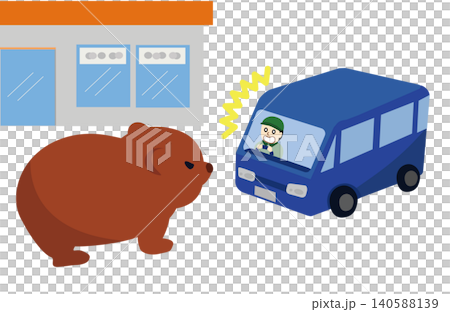 道路を走行中に野生のクマに遭遇する車の運転手のイラスト(熊の飛び出し・ロードキル注意) 道路を走行中に野生のクマに遭遇する車の運転手のイラスト(熊の飛び出し・ロードキル注意) 140588139