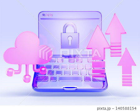 Cloud computing security concept. Purple glass laptop with padlock on screen, pink cloud and arrows on blue 3d background. Secure data uploads, files storage, network backup service. 3D illustration Cloud computing security concept. Purple glass laptop with padlock on screen, pink cloud and arrows on blue 3d background. Secure data uploads, files storage, network backup service. 3D illustration 140588154