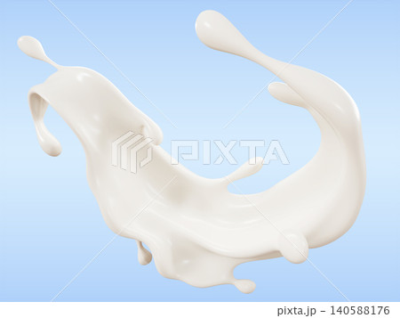 White milk wave splash on blue 3d background - creamy liquid swirl with drops for dairy product and cosmetic design. Fresh drink motion effect for packaging and advertising graphics. 3D illustration 140588176