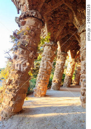 Columns designed by Antoni Gaudi in park Guell in Barcelona, Spain Columns designed by Antoni Gaudi in park Guell in Barcelona, Spain 140588216