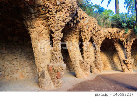 Columns designed by Antoni Gaudi in park Guell in Barcelona, Spain 140588217