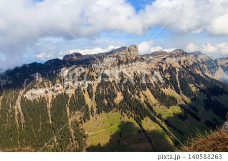 View of Justital (Justi Valley) from Niederhorn mountain in Beatenberg, Switzerland 140588263