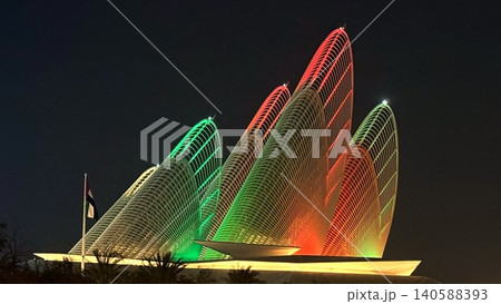 Illuminated modern architectural sails at night Illuminated modern architectural sails at night 140588393