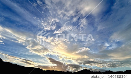 Dramatic sunrise sky over silhouetted mountain ridgeline Dramatic sunrise sky over silhouetted mountain ridgeline 140588394