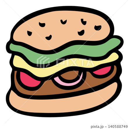 Hand drawn cheeseburger with tomatoes and onions for American fast food, junk food, department store, restaurant, menu, recipe, cook book, lunch, brunch, dinner, bakery, pastry, meat, cuisine, foodie 140588749