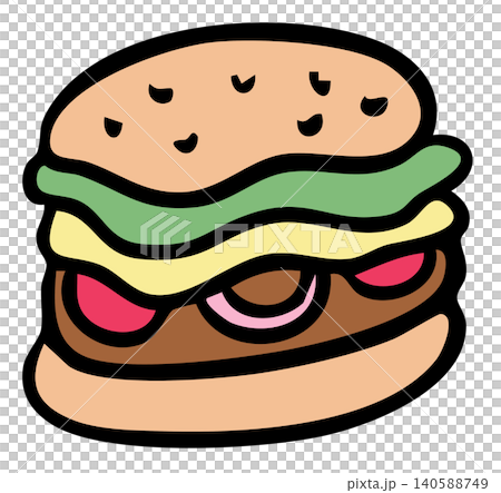 Hand drawn cheeseburger with tomatoes and onions for American fast food, junk food, department store, restaurant, menu, recipe, cook book, lunch, brunch, dinner, bakery, pastry, meat, cuisine, foodie 140588749