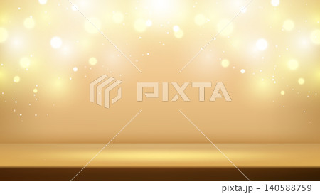 Golden bokeh background with empty studio stage podium and bright glowing lights for product display Golden bokeh background with empty studio stage podium and bright glowing lights for product display 140588759