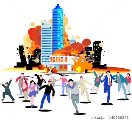 地震や火災などの大災害から避難するために逃げ惑う人々をイメージした都市のベクターイラスト 地震や火災などの大災害から避難するために逃げ惑う人々をイメージした都市のベクターイラスト 140588841