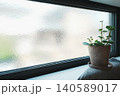 黒い窓枠と型板ガラスの窓辺　観葉植物のあるナチュラルインテリア 140589017