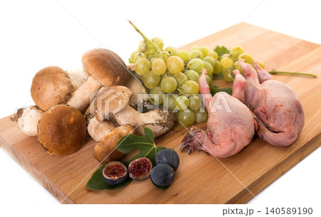 fruits, quail and boletus edulis 140589190