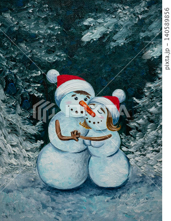 A sweet New Year's card featuring snowmen hugging in a snowy winter forest. A Christmas fairytale illustration featuring hand-drawn, humanized cartoon characters. Suitable for design and greetings. A sweet New Year's card featuring snowmen hugging in a snowy winter forest. A Christmas fairytale illustration featuring hand-drawn, humanized cartoon characters. Suitable for design and greetings. 140589856