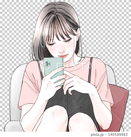 椅子に座ってスマホを操作している女性 140589983